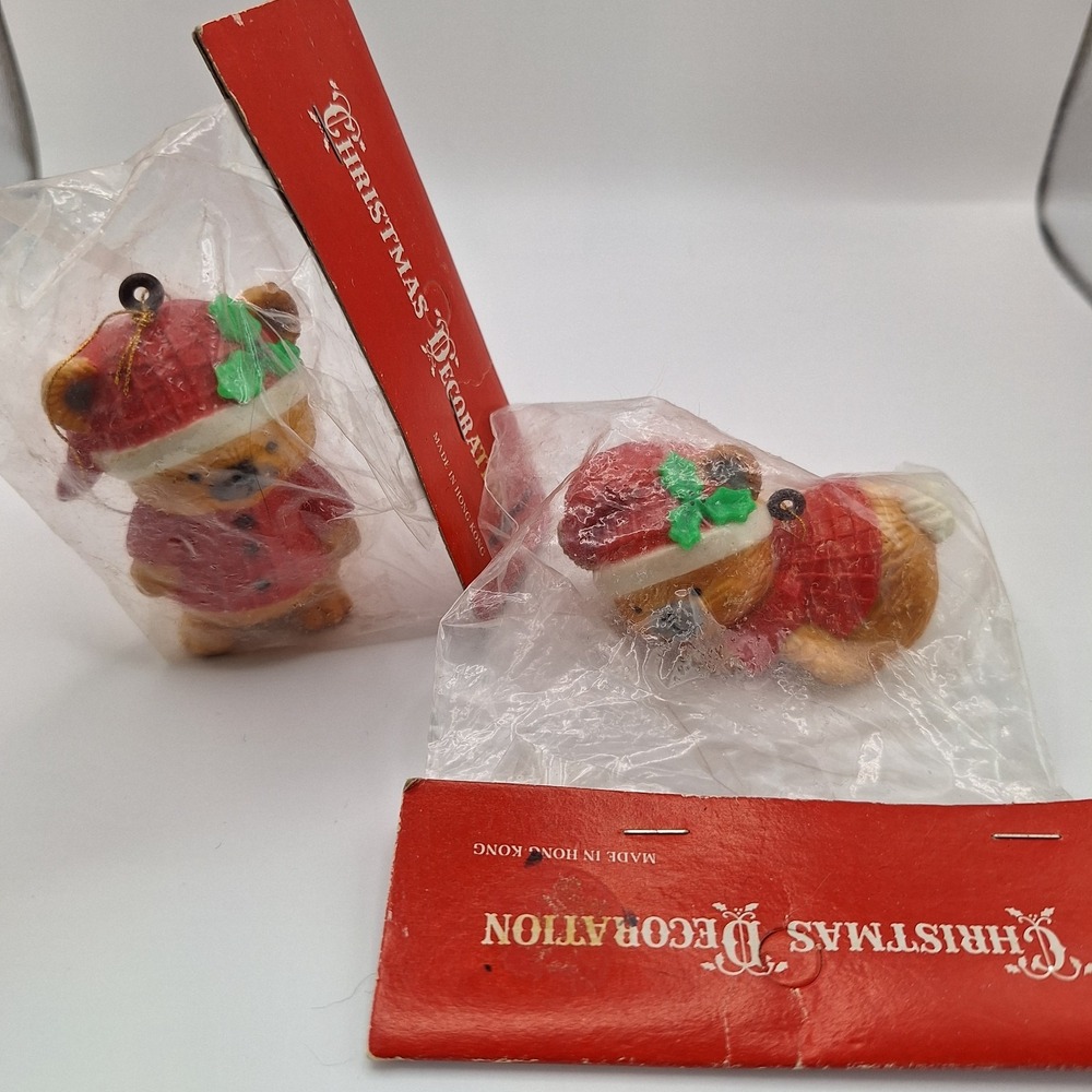 Vintage Set of 2 Made In Hong Kong Teddy Bear Christmas Ornaments
